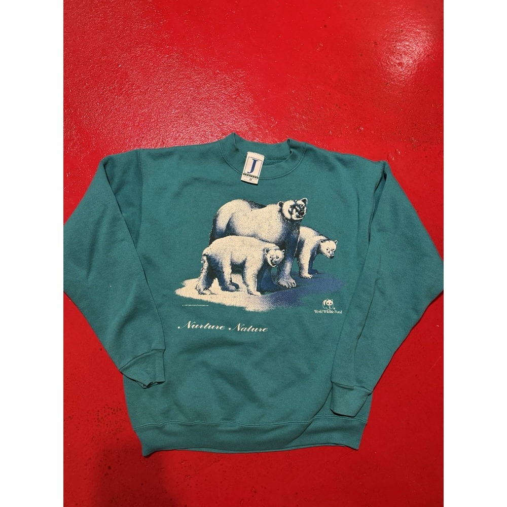 Vintage Nurture Nature Sweatshirt Mens Medium Aqua Polar Bears 1992 WWF VTG 90s
